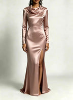 Jemima - Women's Satin Cowl Neck Side Slit Maxi Dress 6