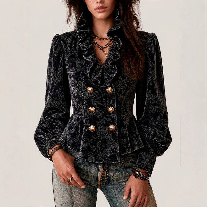 Joanne - Women's Velvet Floral Ruffle Collar Peplum Blazer 1