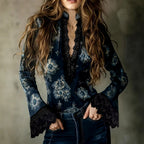Jocelyn - Women's Floral Lace-Trim Long Bell Sleeve Top 1