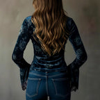 Jocelyn - Women's Floral Lace-Trim Long Bell Sleeve Top 2