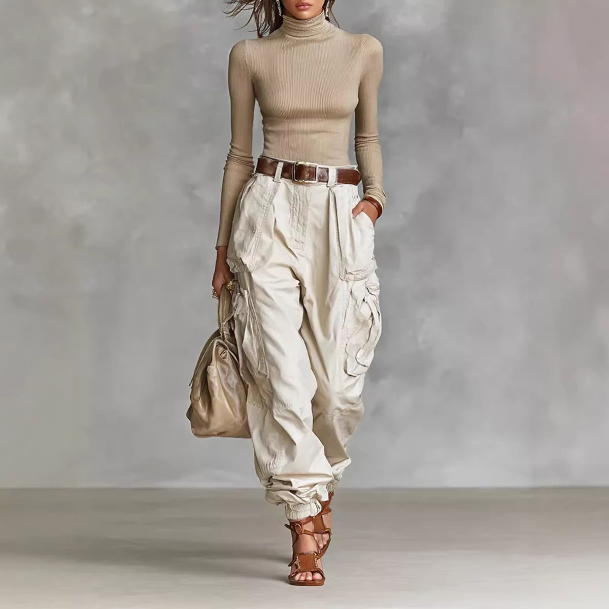 Jocelyn - Women's Pleated High Waist Wide Leg Cargo Pants 1