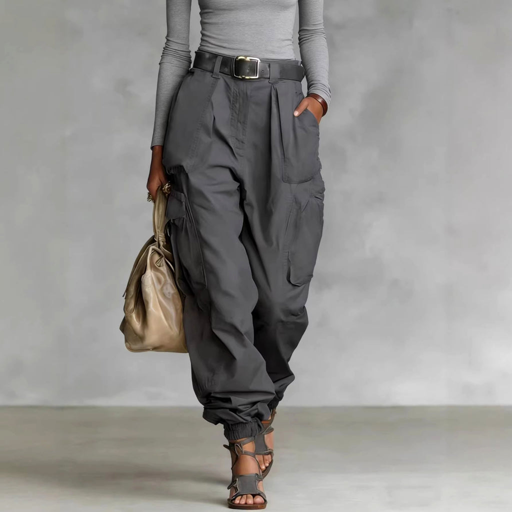 Jocelyn - Women's Pleated High Waist Wide Leg Cargo Pants 2