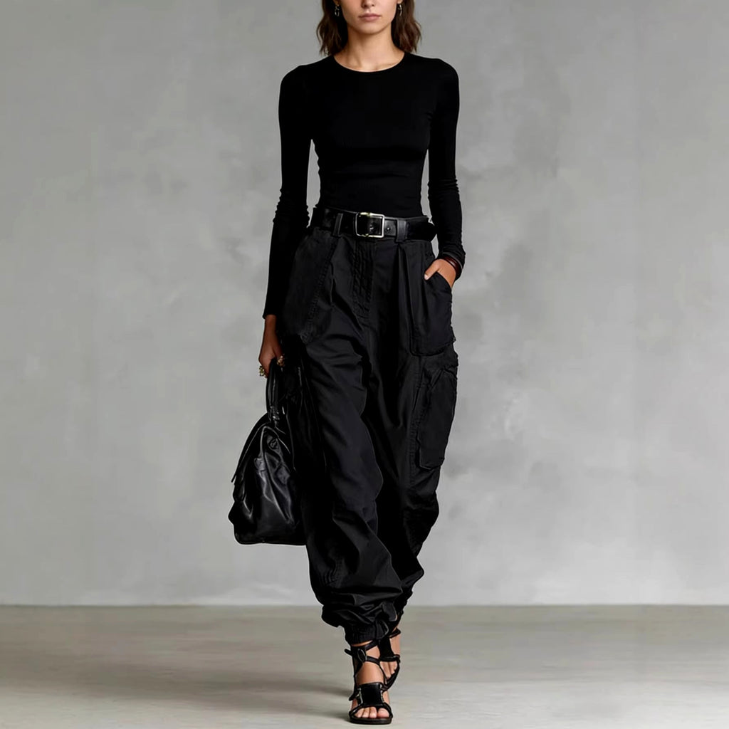 Jocelyn - Women's Pleated High Waist Wide Leg Cargo Pants 3
