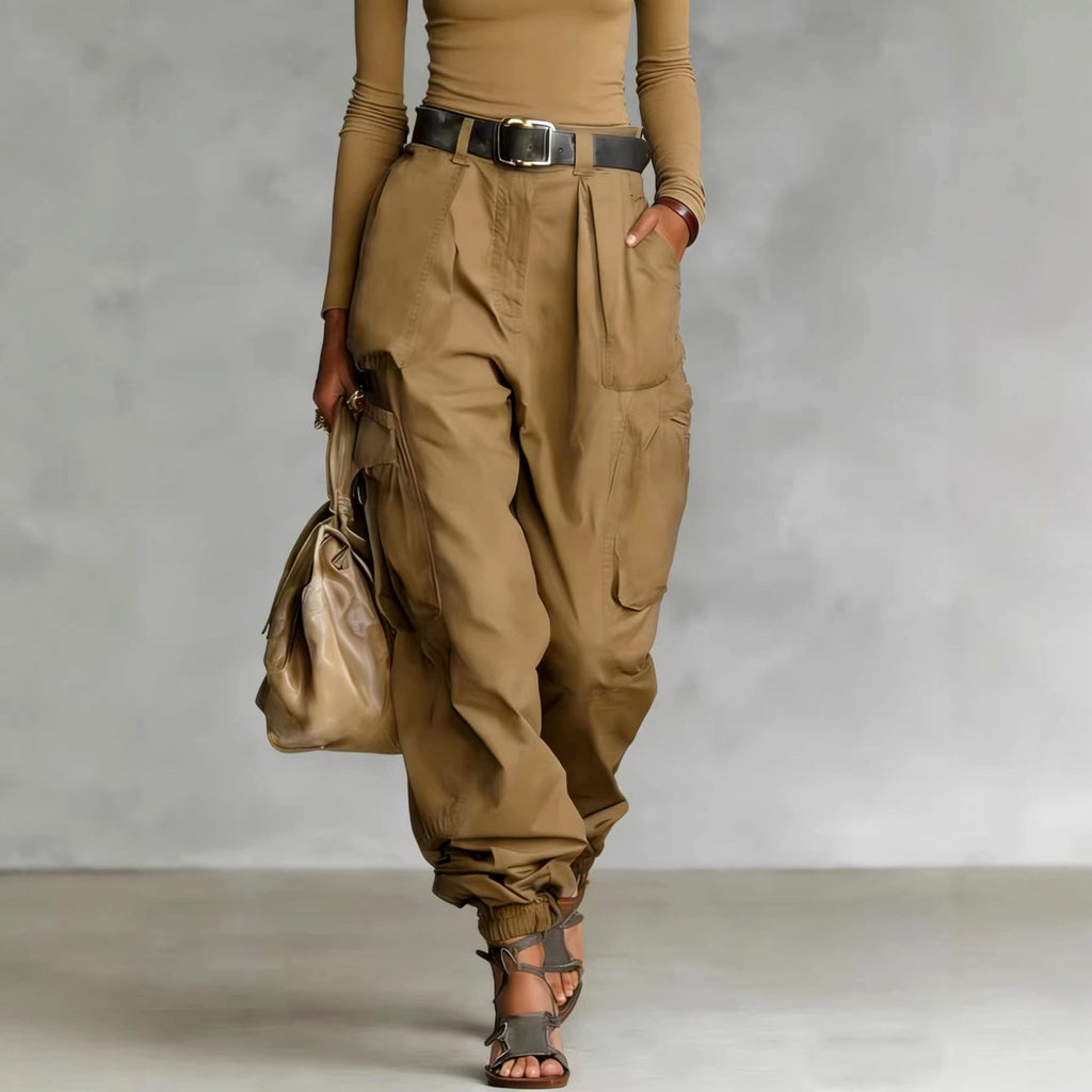 Jocelyn - Women's Pleated High Waist Wide Leg Cargo Pants 5