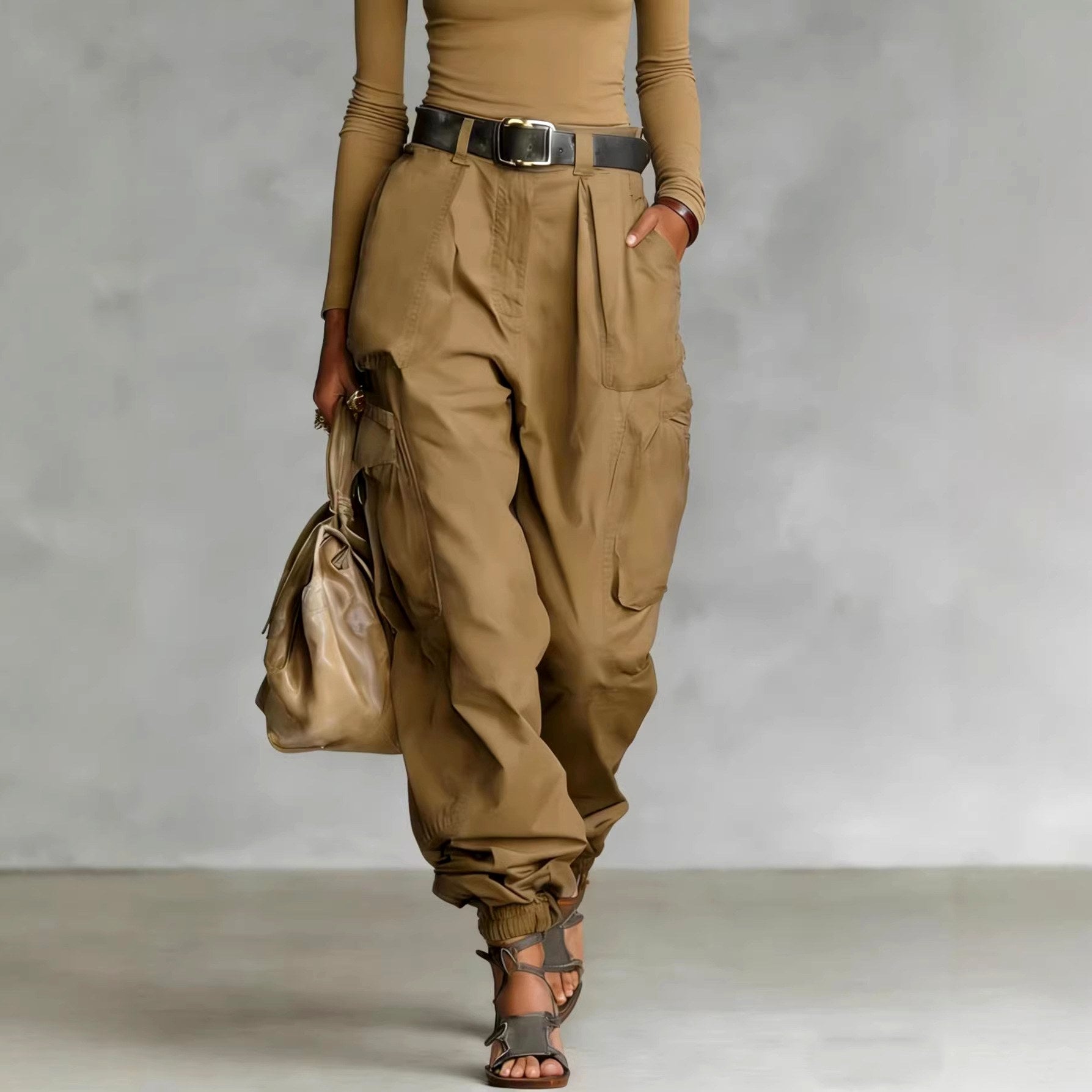 Jocelyn - Women's Pleated High Waist Wide Leg Cargo Pants 5