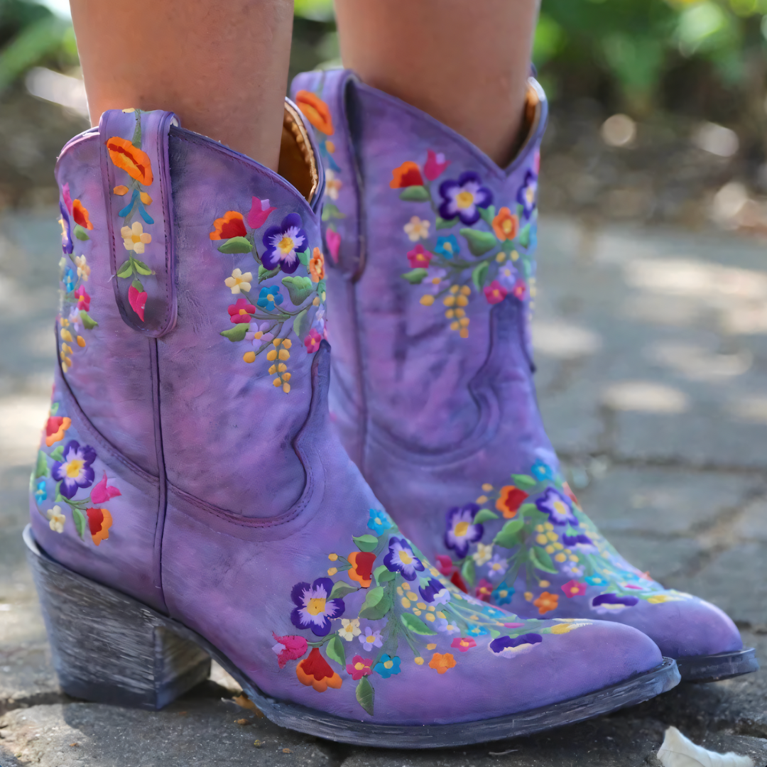 Juliet - Women's Floral-Embroidered Suede Cowboy Boots