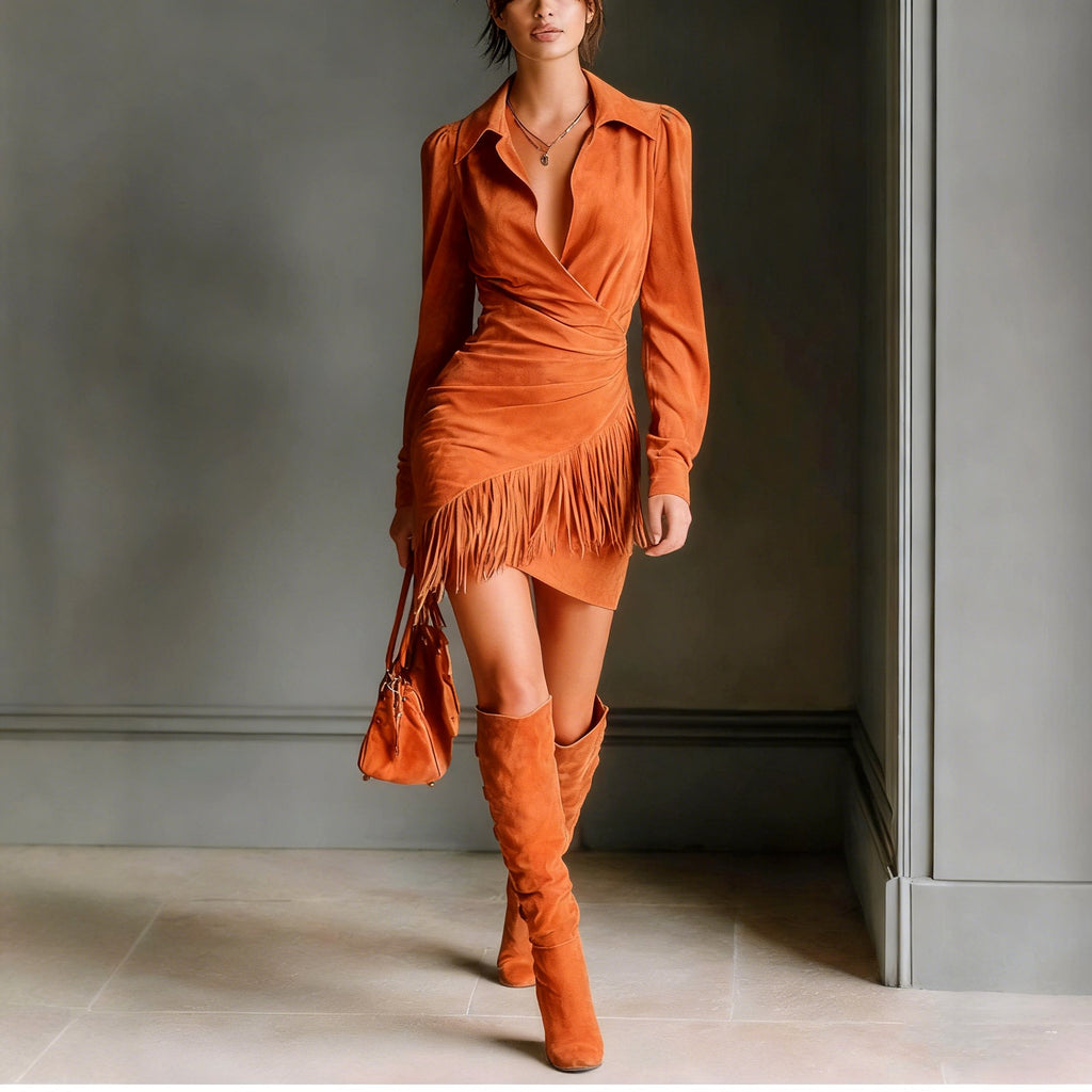 Juno - Women's Fringe Suede-Look Wrap Mini Dress 4