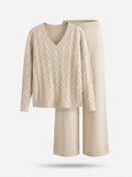 Kaia - Women's Cable-Knit V-Neck Sweater & Wide-Leg Pants Set