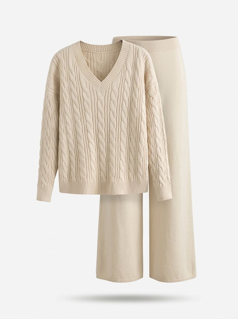 Kaia - Women's Cable-Knit V-Neck Sweater & Wide-Leg Pants Set