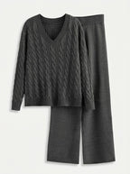 Kaia - Women's Cable-Knit V-Neck Sweater & Wide-Leg Pants Set