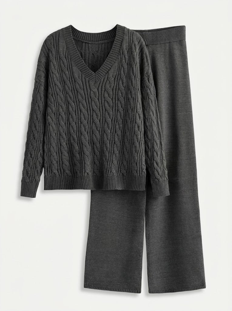Kaia - Women's Cable-Knit V-Neck Sweater & Wide-Leg Pants Set