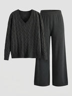 Kaia - Women's Cable-Knit V-Neck Sweater & Wide-Leg Pants Set