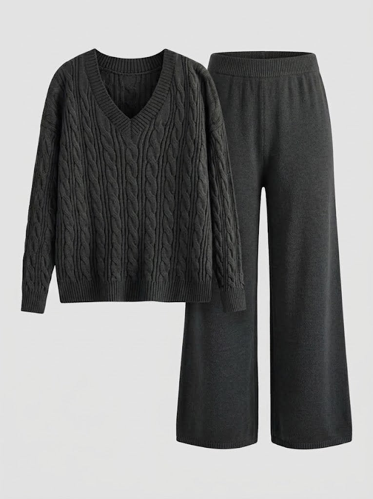 Kaia - Women's Cable-Knit V-Neck Sweater & Wide-Leg Pants Set