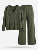 Kaia - Women's Cable-Knit V-Neck Sweater & Wide-Leg Pants Set