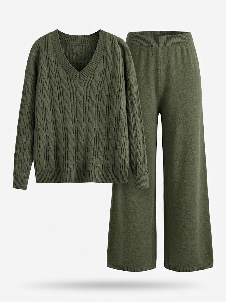 Kaia - Women's Cable-Knit V-Neck Sweater & Wide-Leg Pants Set