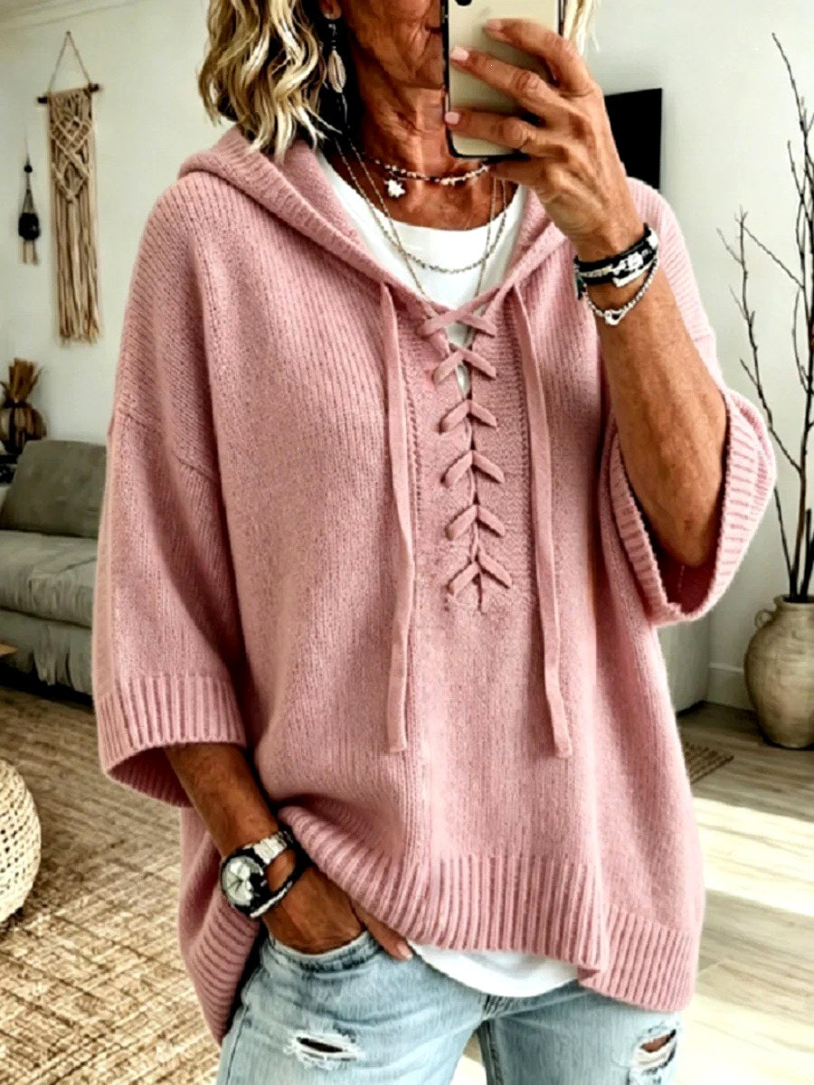 Kaia - Women's Lace-Up Hooded Sweater with Drop Shoulders 1