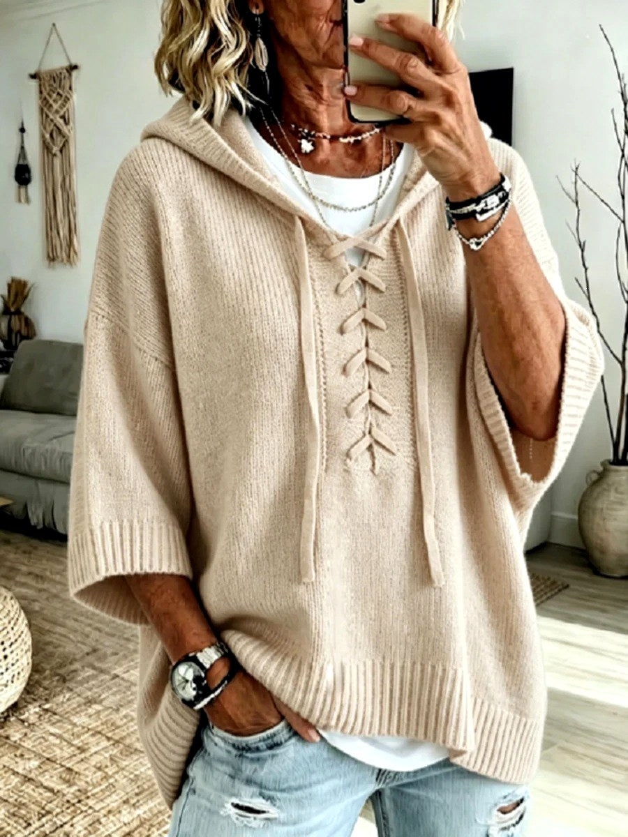 Kaia - Women's Lace-Up Hooded Sweater with Drop Shoulders 2
