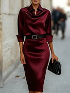 Kaitlyn - Women's Cowl-Collar Satin Midi Dress with Buckle Belt