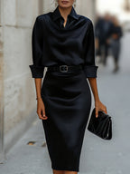 Kaitlyn - Women's Cowl-Collar Satin Midi Dress with Buckle Belt