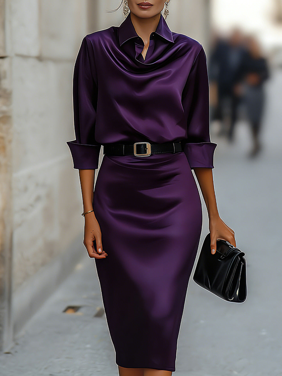 Kaitlyn - Women's Cowl-Collar Satin Midi Dress with Buckle Belt