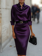 Kaitlyn - Women's Cowl-Collar Satin Midi Dress with Buckle Belt