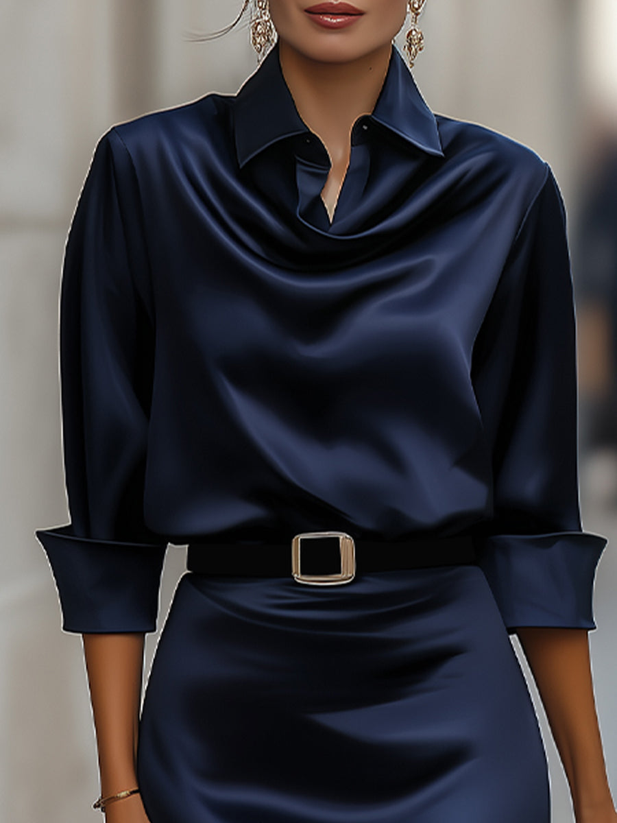 Kaitlyn - Women's Cowl-Collar Satin Midi Dress with Buckle Belt
