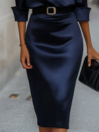 Kaitlyn - Women's Cowl-Collar Satin Midi Dress with Buckle Belt