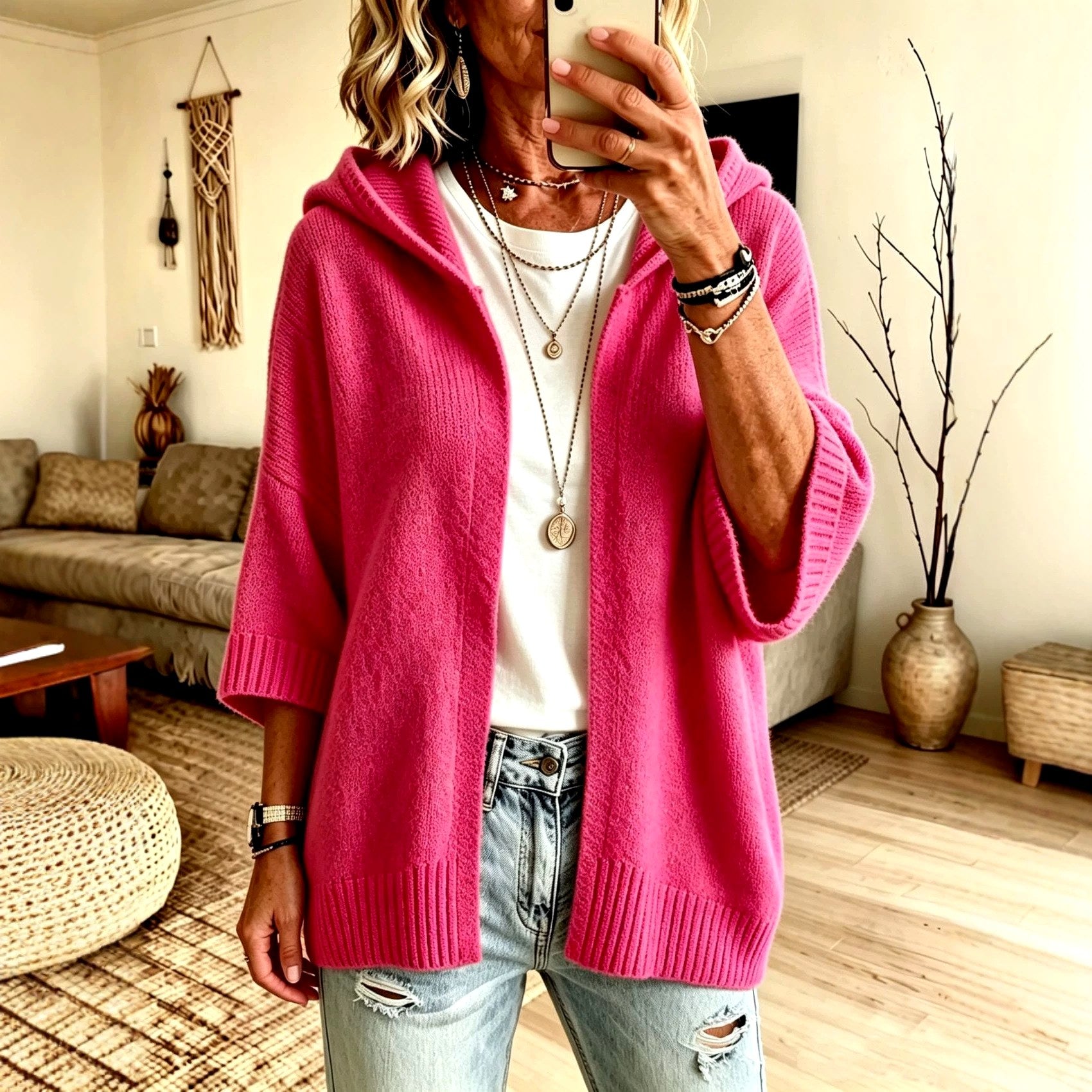 Kalea - Women's Oversized Open-Front 3/4 Sleeve Knit Cardigan 1