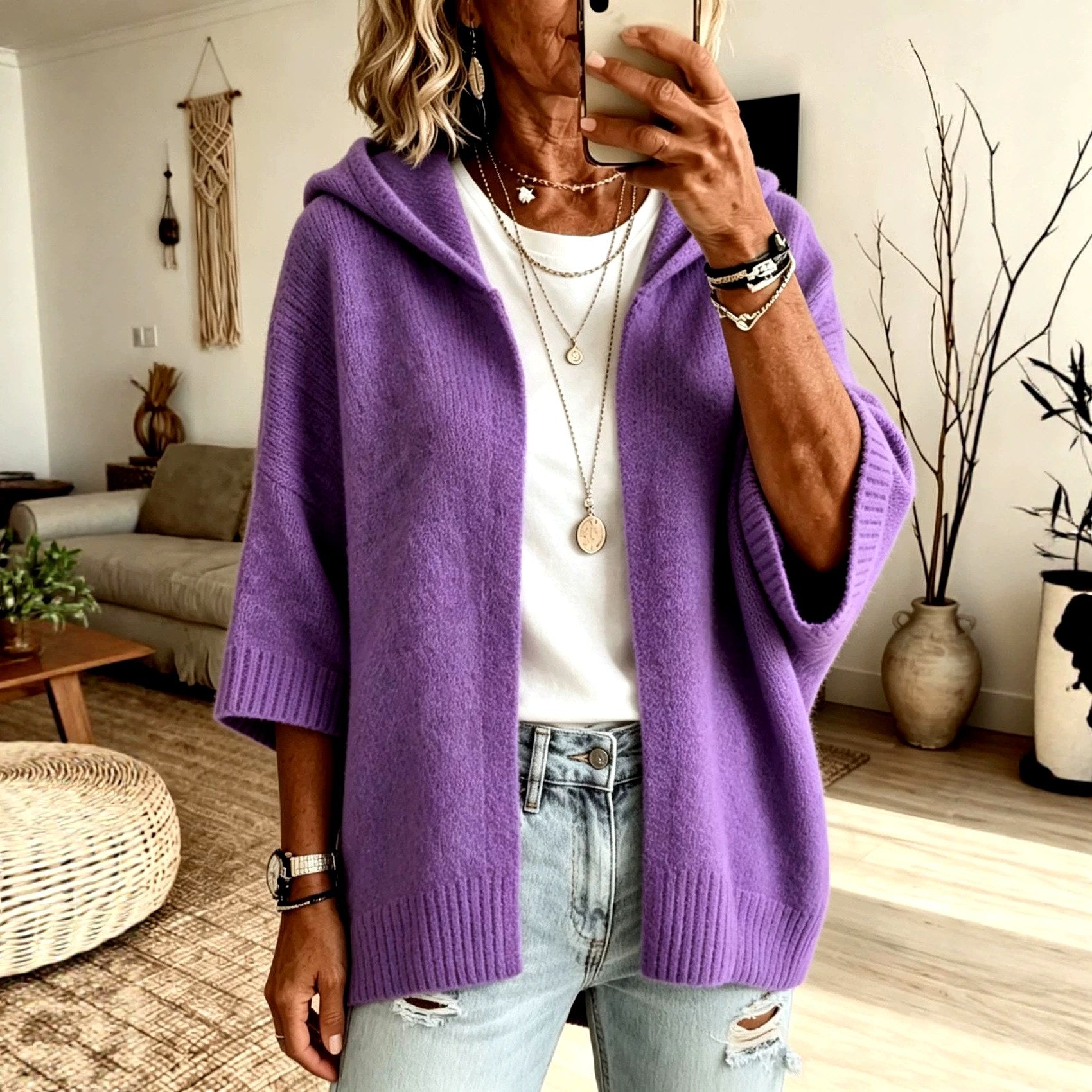Kalea - Women's Oversized Open-Front 3/4 Sleeve Knit Cardigan 2