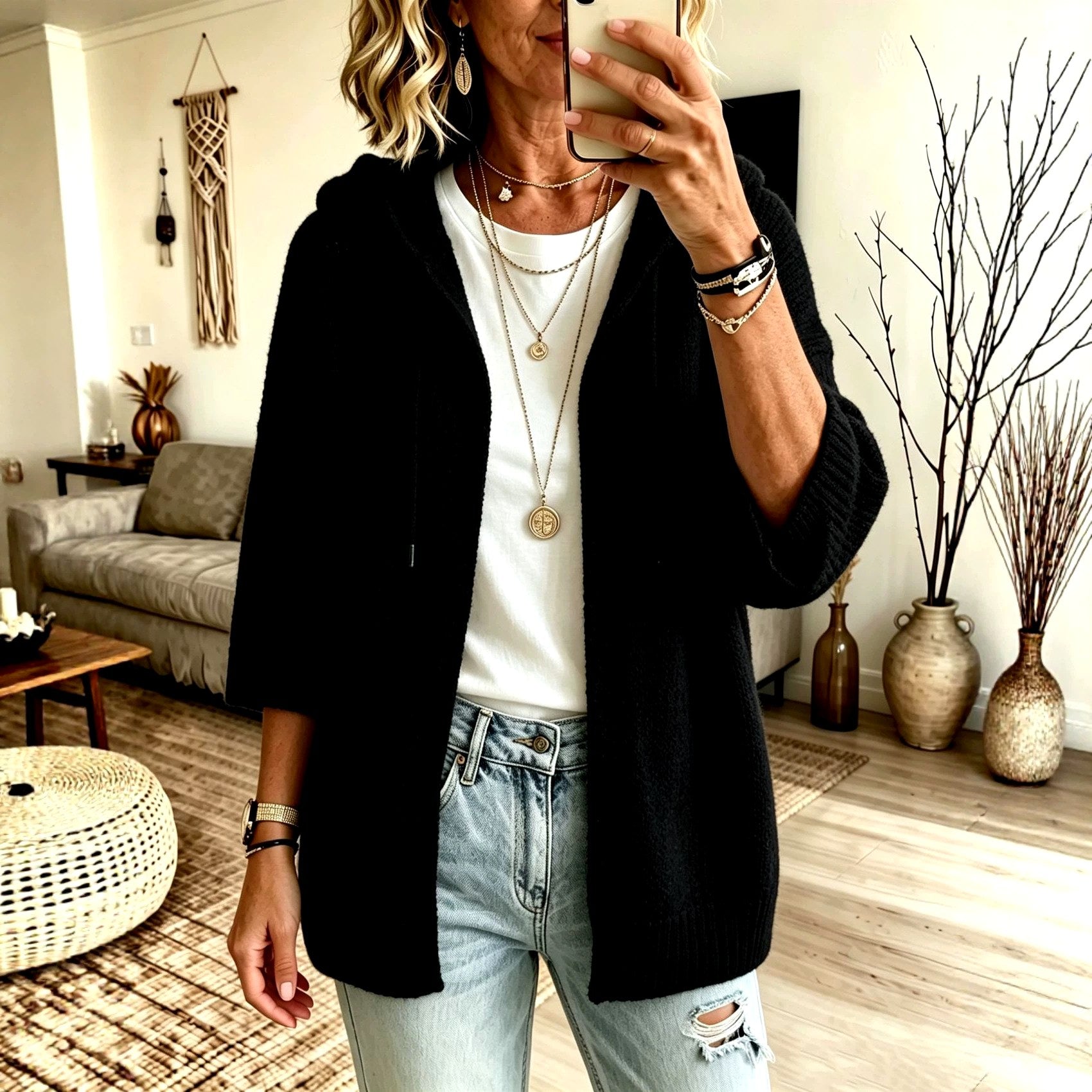 Kalea - Women's Oversized Open-Front 3/4 Sleeve Knit Cardigan 3
