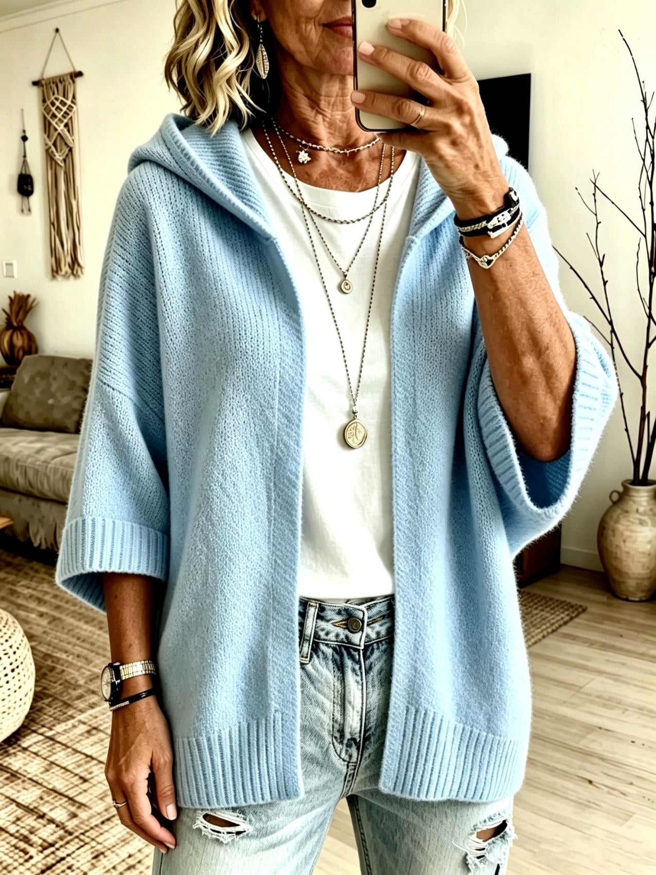 Kalea - Women's Oversized Open-Front 3/4 Sleeve Knit Cardigan 5
