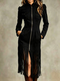 Kamila - Women's Long Sleeve Zip Front Fringe Dress 2