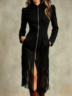 Kamila - Women's Long Sleeve Zip Front Fringe Dress 2