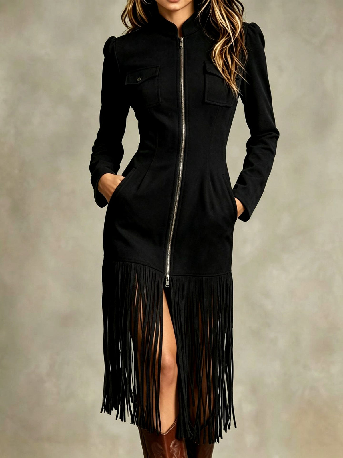 Kamila - Women's Long Sleeve Zip Front Fringe Dress 2