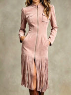 Kamila - Women's Long Sleeve Zip Front Fringe Dress 3
