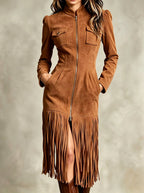 Kamila - Women's Long Sleeve Zip Front Fringe Dress 4