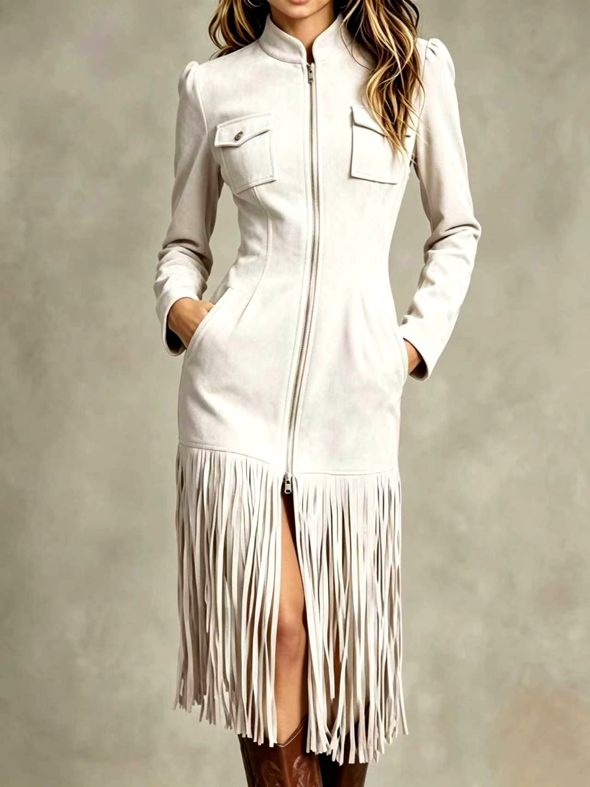 Kamila - Women's Long Sleeve Zip Front Fringe Dress 5