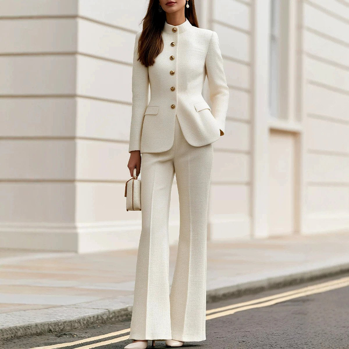Karla - Women’s Stand Collar Blazer With Trouser Suit Set 7