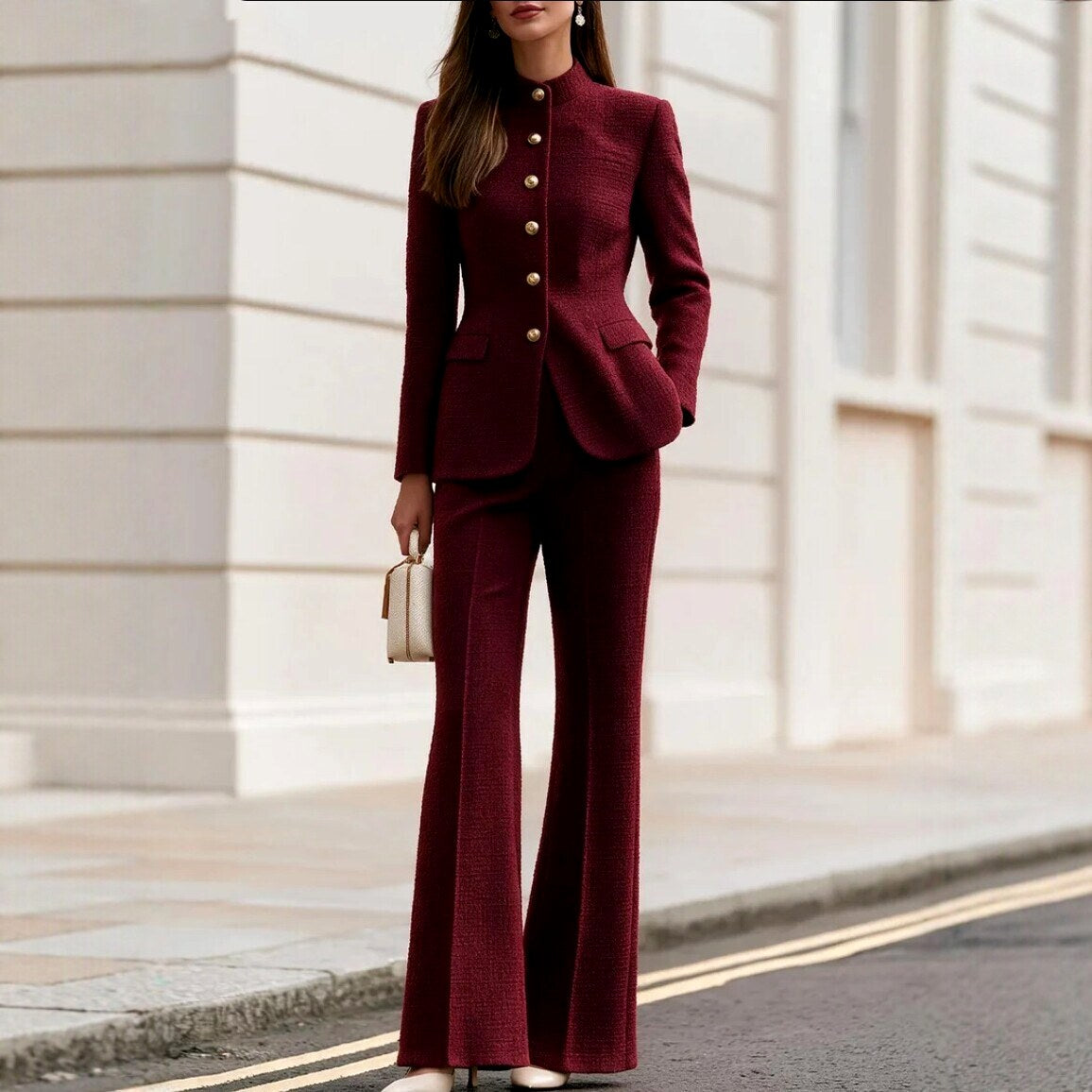 Karla - Women’s Stand Collar Blazer With Trouser Suit Set 8