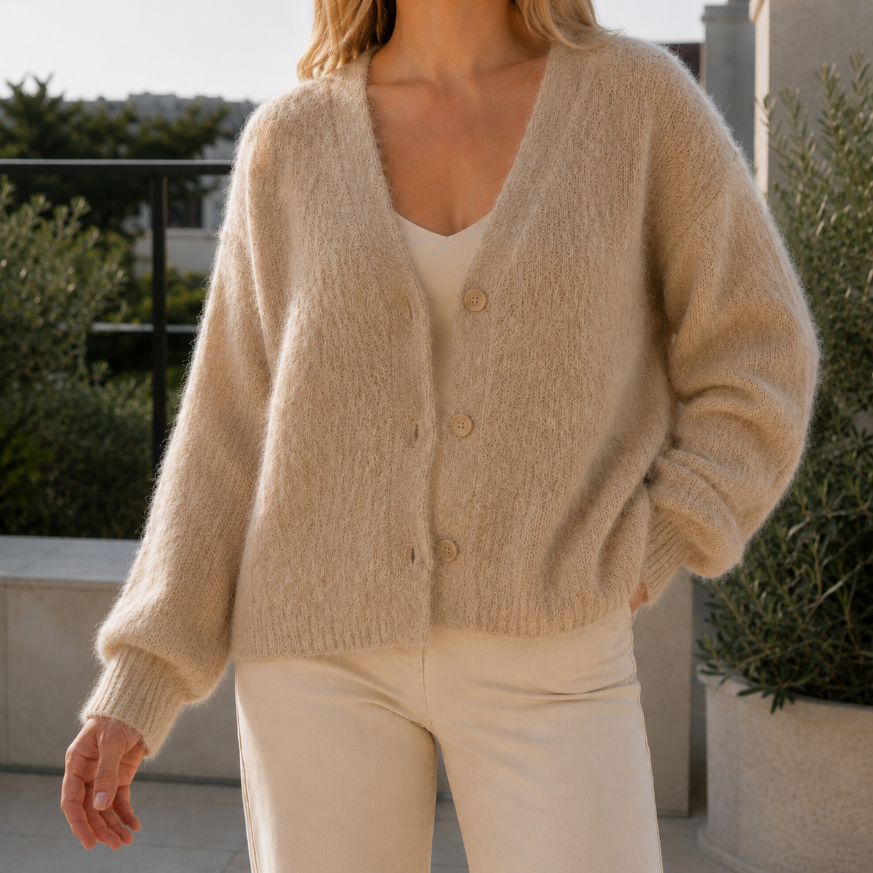 Katalina - Women's Fuzzy Cotton-Blend Cardigan with Button Front