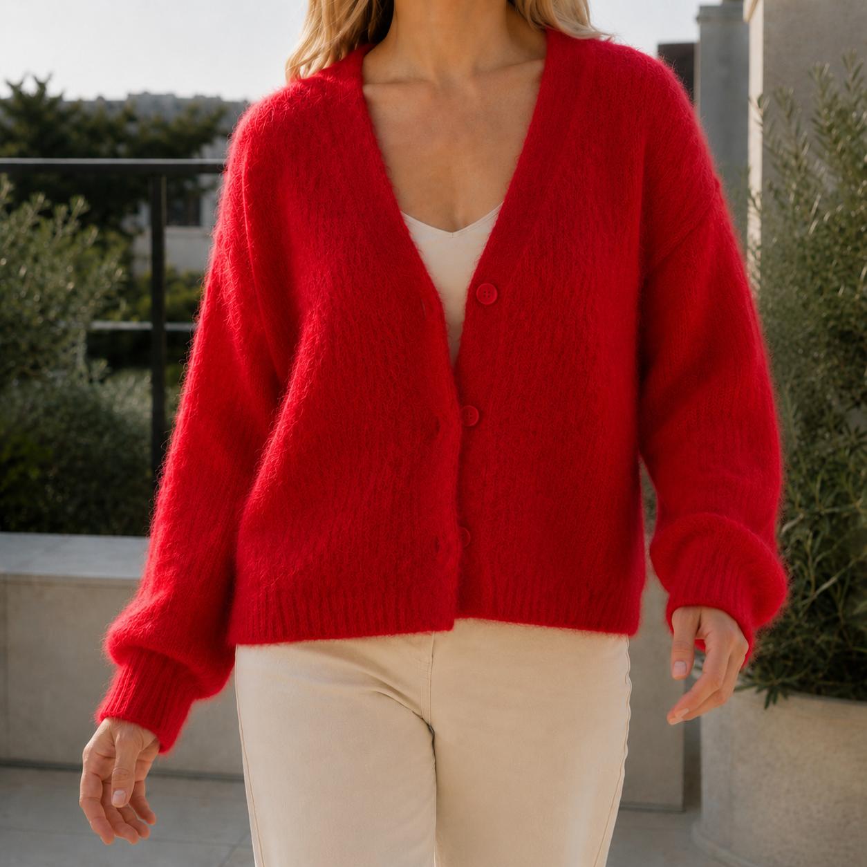 Katalina - Women's Fuzzy Cotton-Blend Cardigan with Button Front