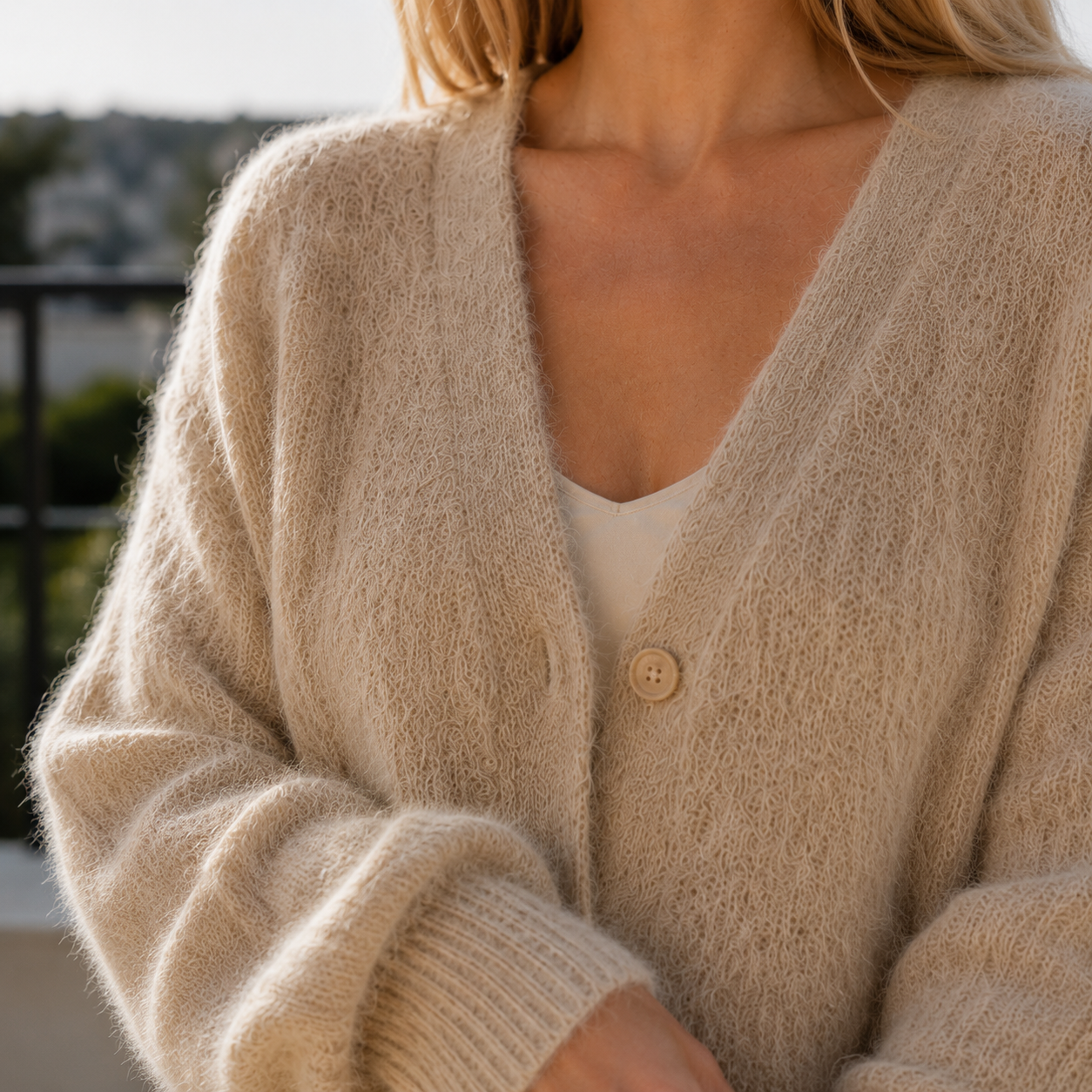 Katalina - Women's Fuzzy Cotton-Blend Cardigan with Button Front