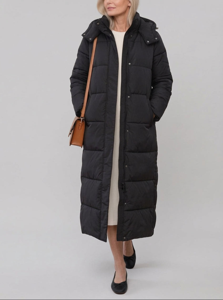 Kate - Women's Channel-Quilted Maxi Puffer Coat with Hood
