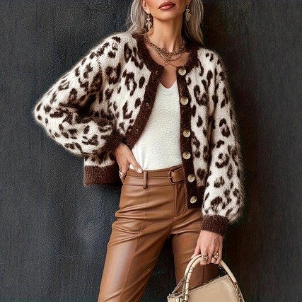 Katia - Women's Leopard Print Round Neck Cropped Cardigan 4