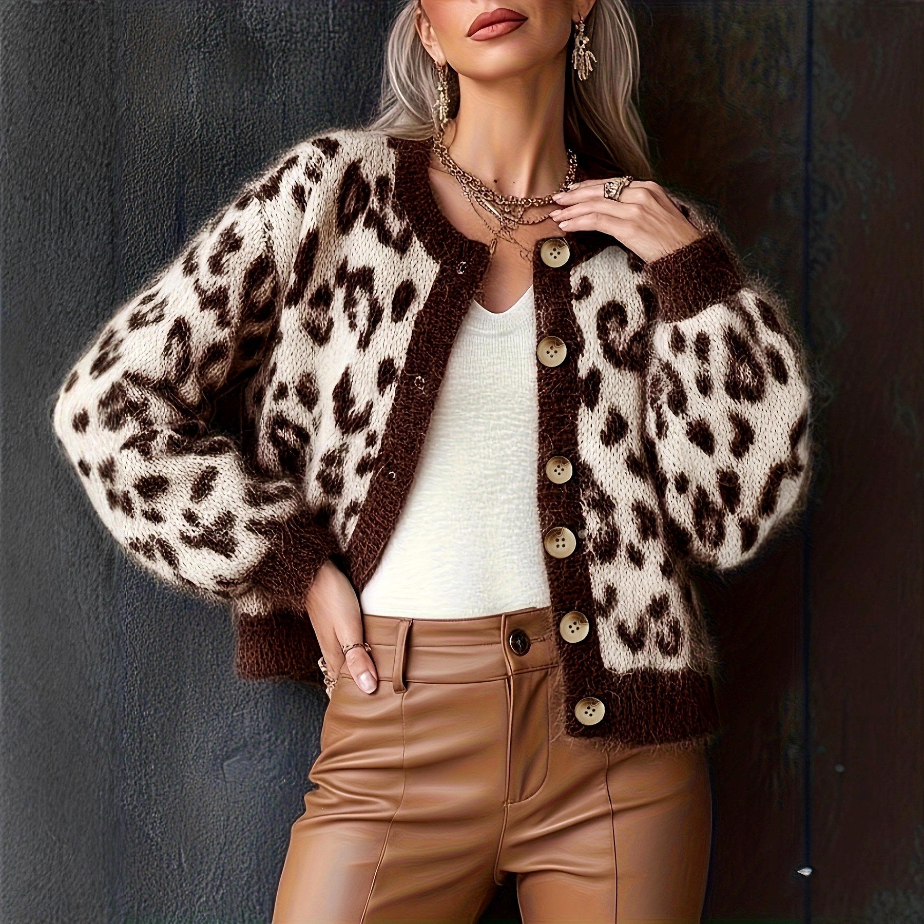 Katia - Women's Leopard Print Round Neck Cropped Cardigan 5