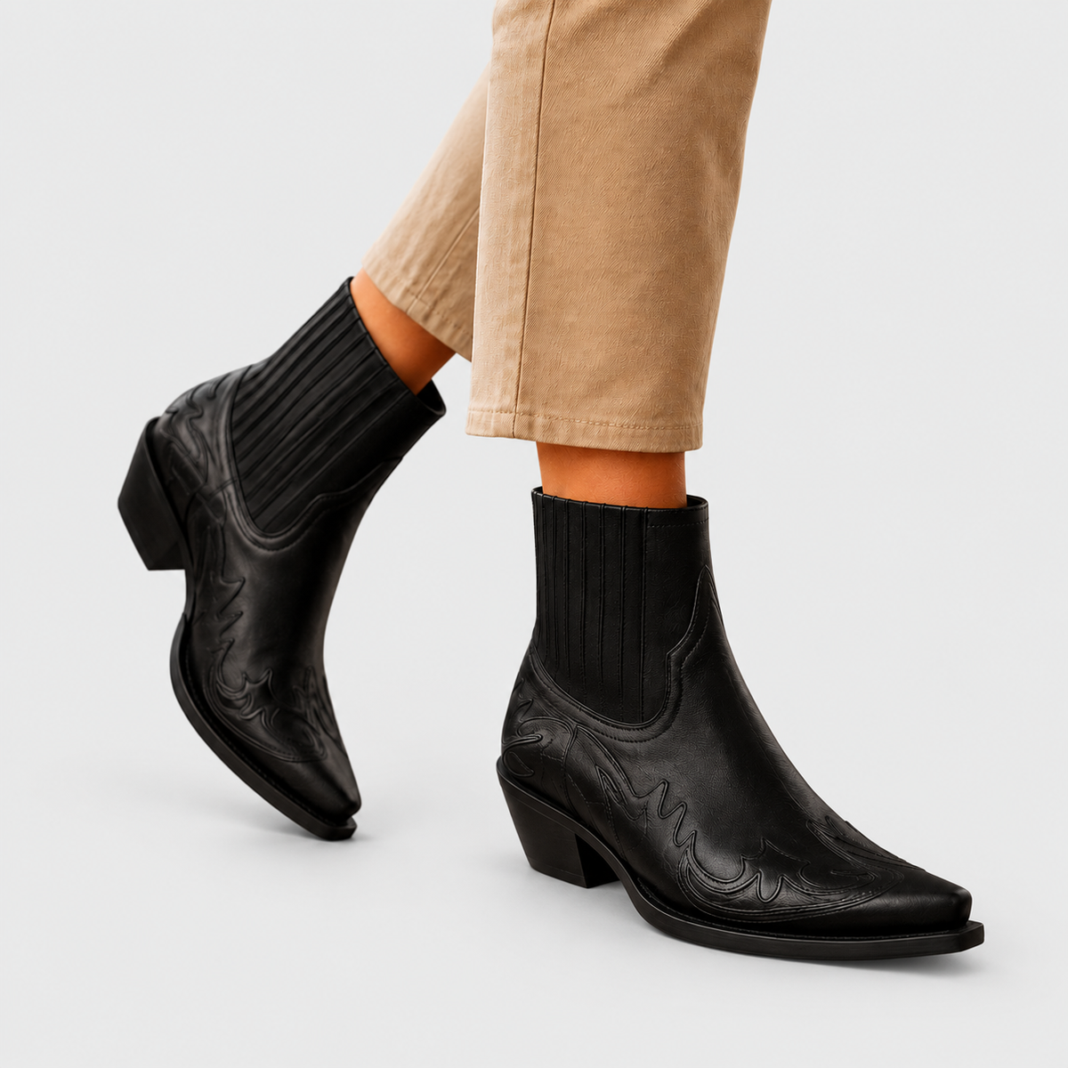 Kaye - Women's Western Leather Ankle Boots with Embroidered Detail