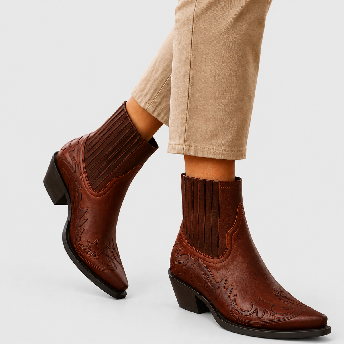 Kaye - Women's Western Leather Ankle Boots with Embroidered Detail