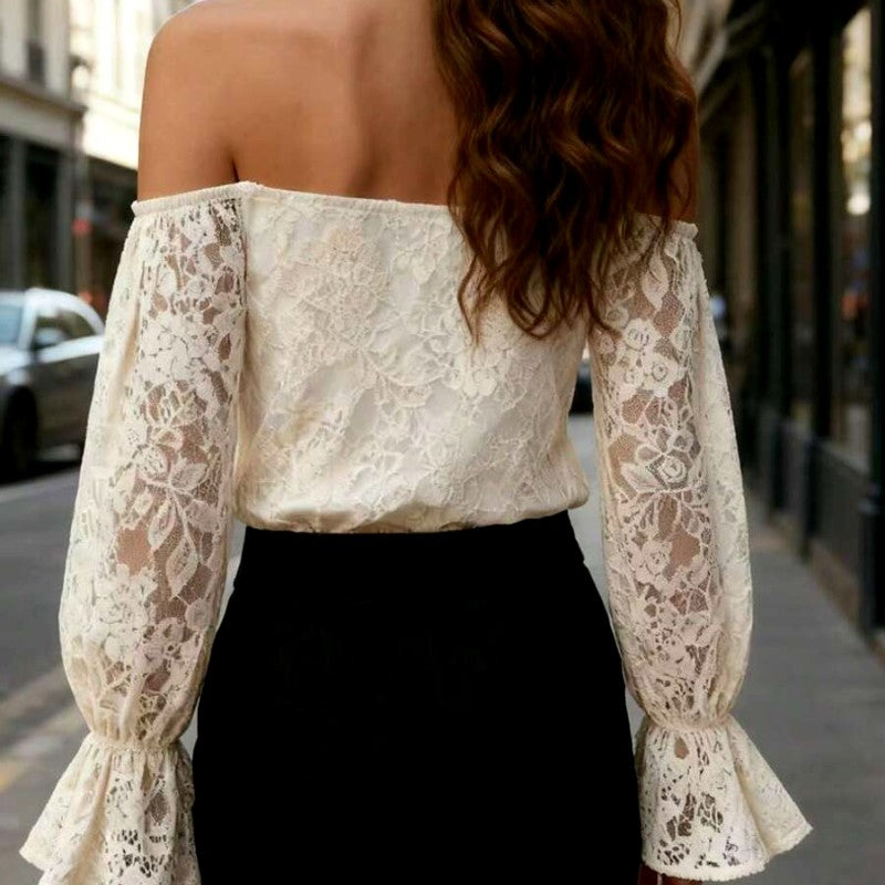 Keely - Women's Off-Shoulder Lace Tie-Neck Blouse 2