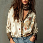 Kendall -Women's Floral Leopard Print Satin Button-Up Blouse 1