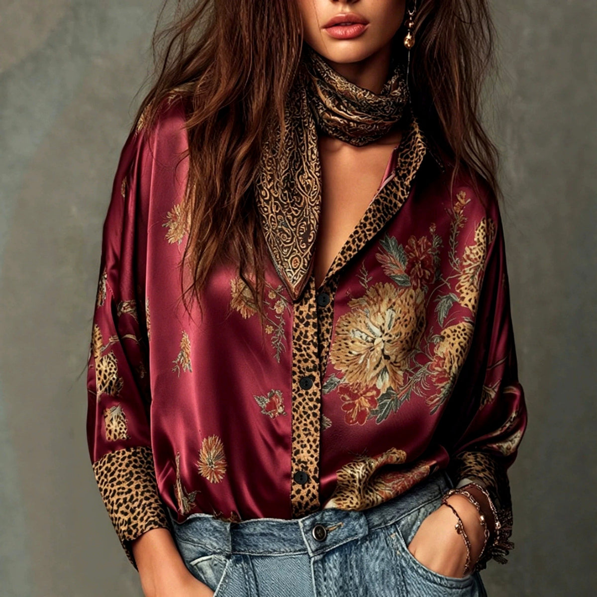 Kendall -Women's Floral Leopard Print Satin Button-Up Blouse 2